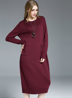 Red Casual Pocket Knitted Dress