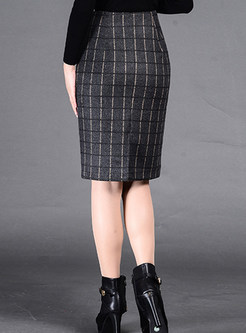 Checkered Asymmetric Wool Work Skirt