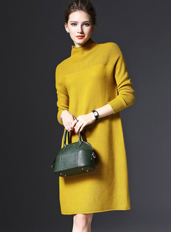 Loose Pure Color High Neck Knitted Dress
