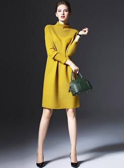 Loose Pure Color High Neck Knitted Dress