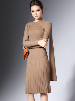 Slim Brown Pleat Skinny Knitted Dress 