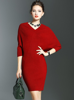Sexy Red V-neck Bat Sleeve Knitted Dress