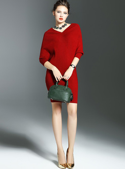 Sexy Red V-neck Bat Sleeve Knitted Dress