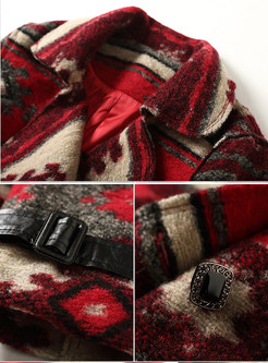 Red Geometric Print Wool Coat