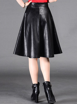 PU A-Line Black Pleated Knee-Length Skirt