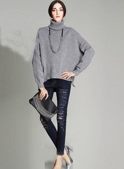 Turtle Neck Solid Color Patch Bat Sleeve Sweater