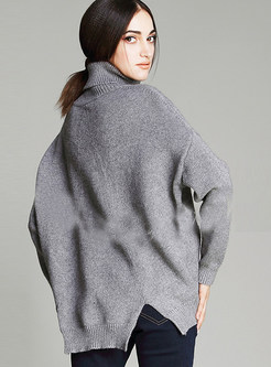 Turtle Neck Solid Color Patch Bat Sleeve Sweater