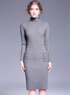 Elegant High Neck Solid Color Pocket Knitted Dress