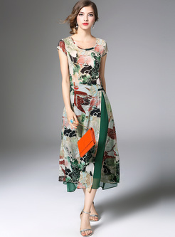 Stylish Floral Print Asymmetric Patch Split Skater Dress With Skirt