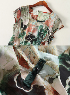 Stylish Floral Print Asymmetric Patch Split Skater Dress With Skirt