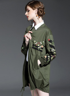 Stand Collar Embroidery Long Sleeve Stylish Trench Coat
