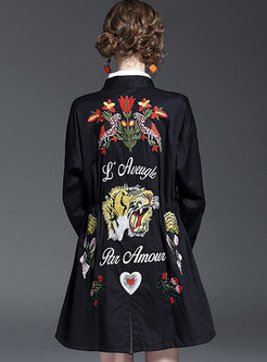 Stand Collar Animal Embroidery Cardigan Trench Coat