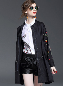 Stand Collar Animal Embroidery Cardigan Trench Coat