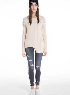 Asymmetric O-Neck Slim Striped Pullover Sweater