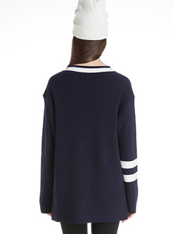 V-Neck Striped Asymmetric Split Loose Sweater