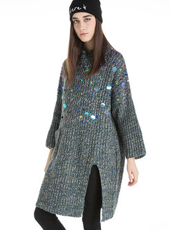 Stand Collar Sequined Split Thick Sweater