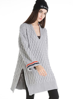 V-Neck Loose Striped Geometric Split Sweater