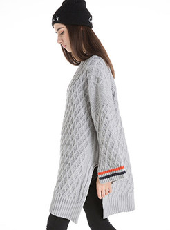 V-Neck Loose Striped Geometric Split Sweater