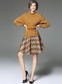 Bat Sleeve Sweater & Printed Wool Skirt