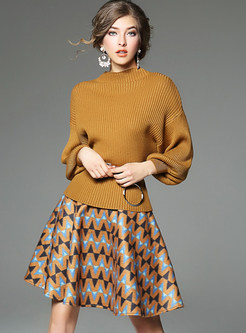 Bat Sleeve Sweater & Printed Wool Skirt