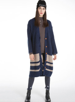 Drop Shoulder V-neck Stripe Cardigan Knit Sweater