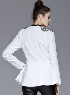White Asymmetric V-neck Embroidery Blazer