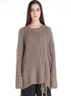 Drop Shoulder Lace-up Knit Sweater