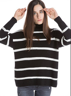Turtle Neck Stripe Pullover Knit Sweater