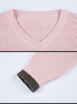 V-neck Side Slit Stripe Knit Sweater