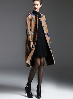 Vintage O-neck Embroidered Straight Coat