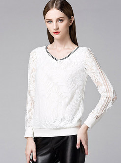 Sexy V-Neck Lace Pure Color T-shirt