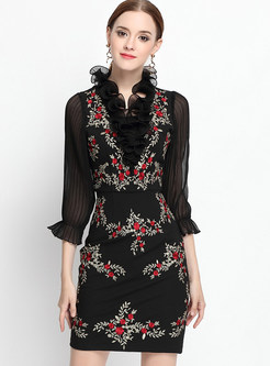 Voile Stand Collar Embroidery Three Quarters Sleeve Bodycon Dress