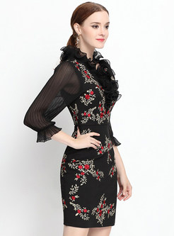 Voile Stand Collar Embroidery Three Quarters Sleeve Bodycon Dress