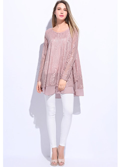 Sweet Pink Mesh Lace Patch Loose T-shirt