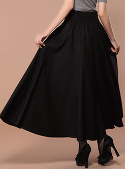Black Elastic Waist Woolen Expansion Skirt