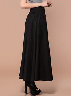 Black Elastic Waist Woolen Expansion Skirt