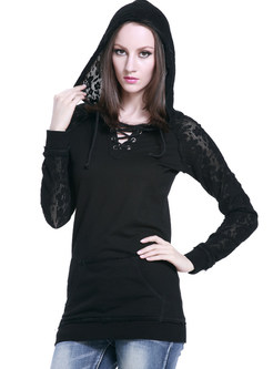 Thin Oversize Lace Patch Lace-up Hoodie