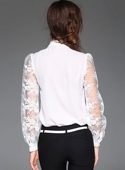 Mesh Lace Embroidery Tied-collar Blouse