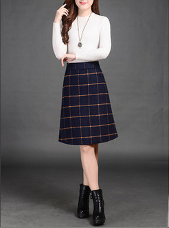 A-line Nipped Waist Plaid Wool Skirt