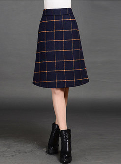 A-line Nipped Waist Plaid Wool Skirt
