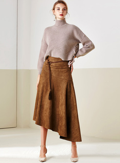 Retro Asymmetric Hem Belt-tasseled Long Skirt
