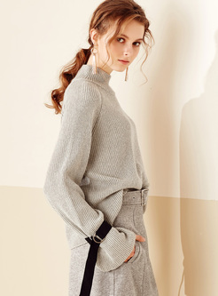 Grey Loose Flare Sleeve Pullover Sweater