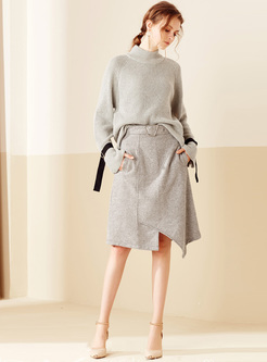 Grey Loose Flare Sleeve Pullover Sweater