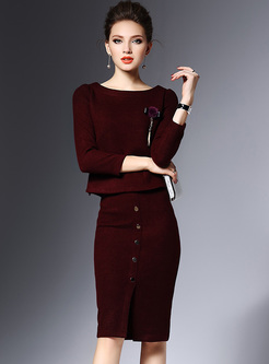 Elegant Wine Red Skinny Knitted Two-piece Outfits