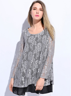 Sweet Pink Mesh Lace Patch Loose T-shirt
