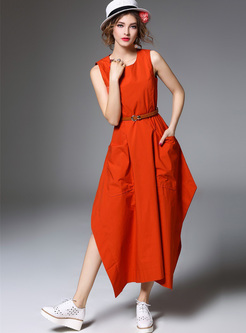 Pocket Slim Asymmetric Cotton Maxi Dress