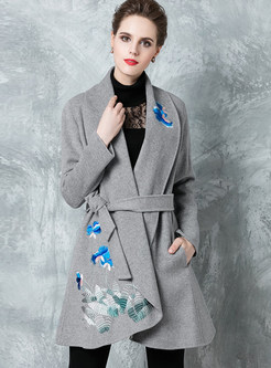 Chic Embroidered Wool Turn Down Collar Coat