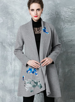 Chic Embroidered Wool Turn Down Collar Coat