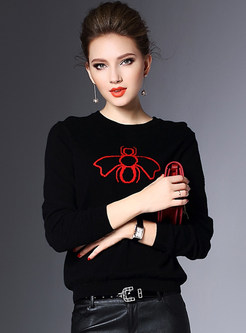 Color-block Embroidery O-neck Sweater