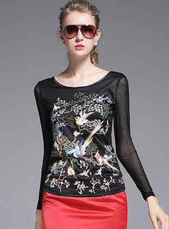 Sweet Mesh Patch Slim Embroidered T-shirt